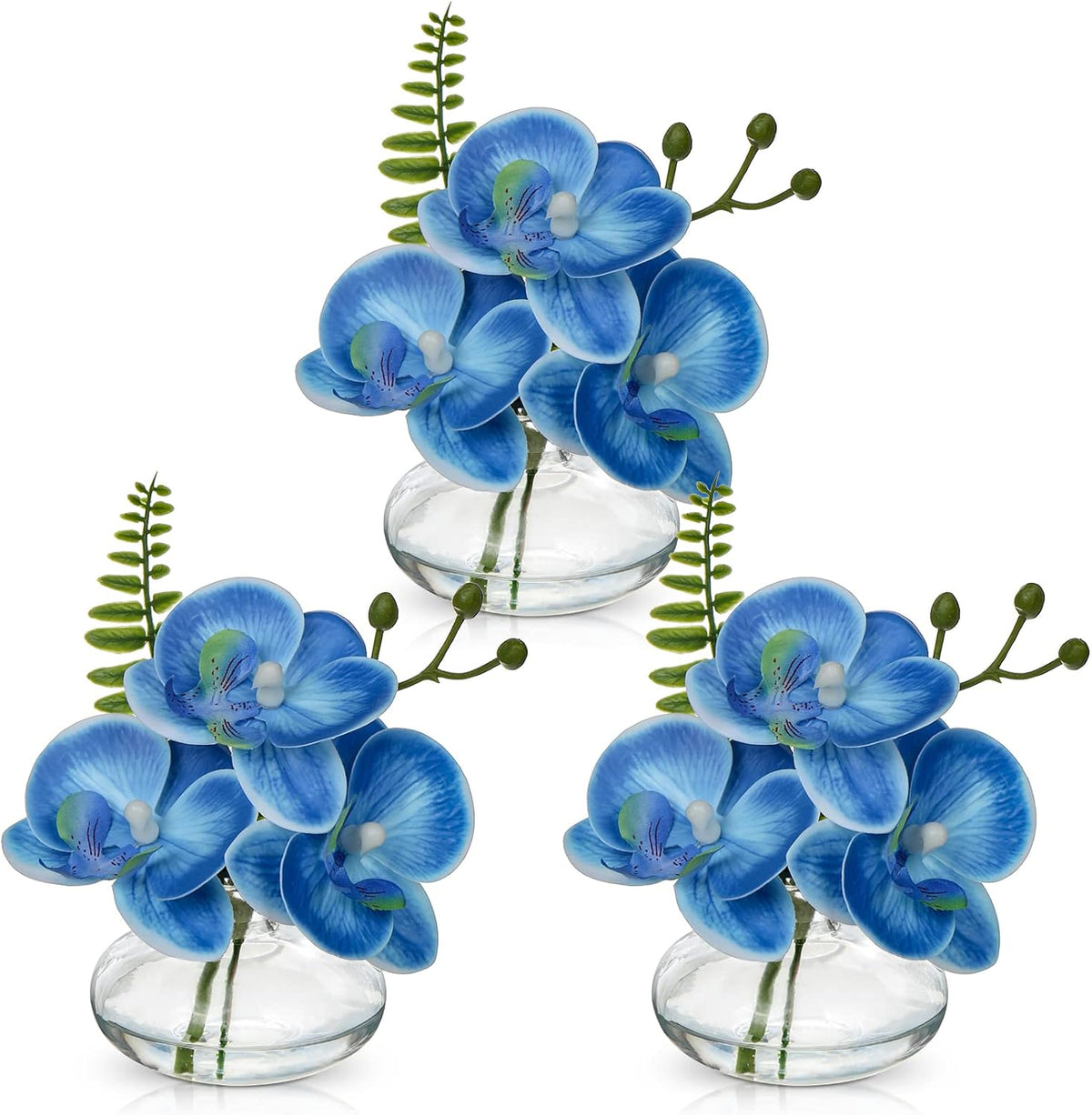 Blue Orchids Artificial Flowers Faux Orchids Arrangement in Clear Glass Vases Set of 3 Real Touch