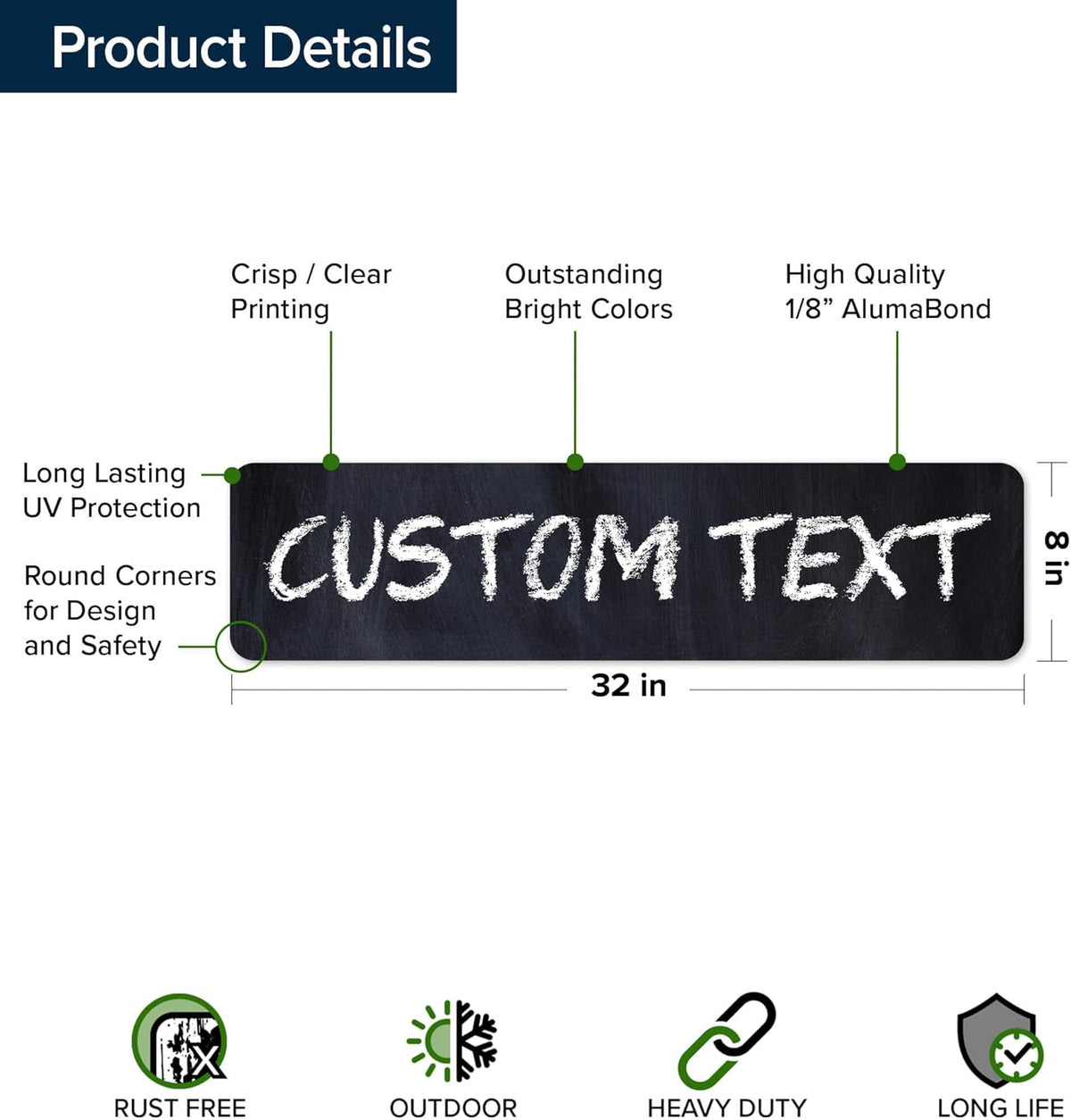 Custom Sign, Custom Street Sign, 11 Font Colors, 13 Font Styles, 4 Hole Options, 22 Sizes, 8x32