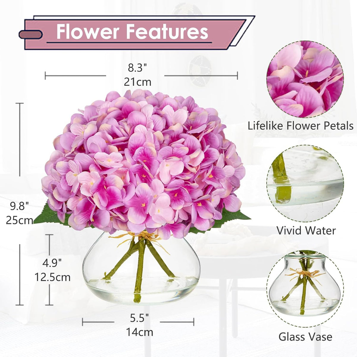 Hollyone Hydrangea Artificial Flowers with Glass Vase Purplish Pink Silk Faux Flowers Arrangements