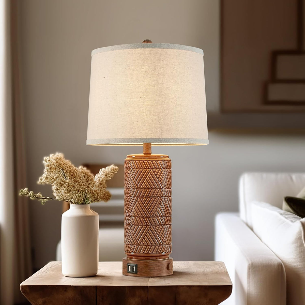 RORIA Set of 2 Vintage Touch Table Lamps for Living Room, 3 Way Dimmable Nightstand Lamp with 2 USB