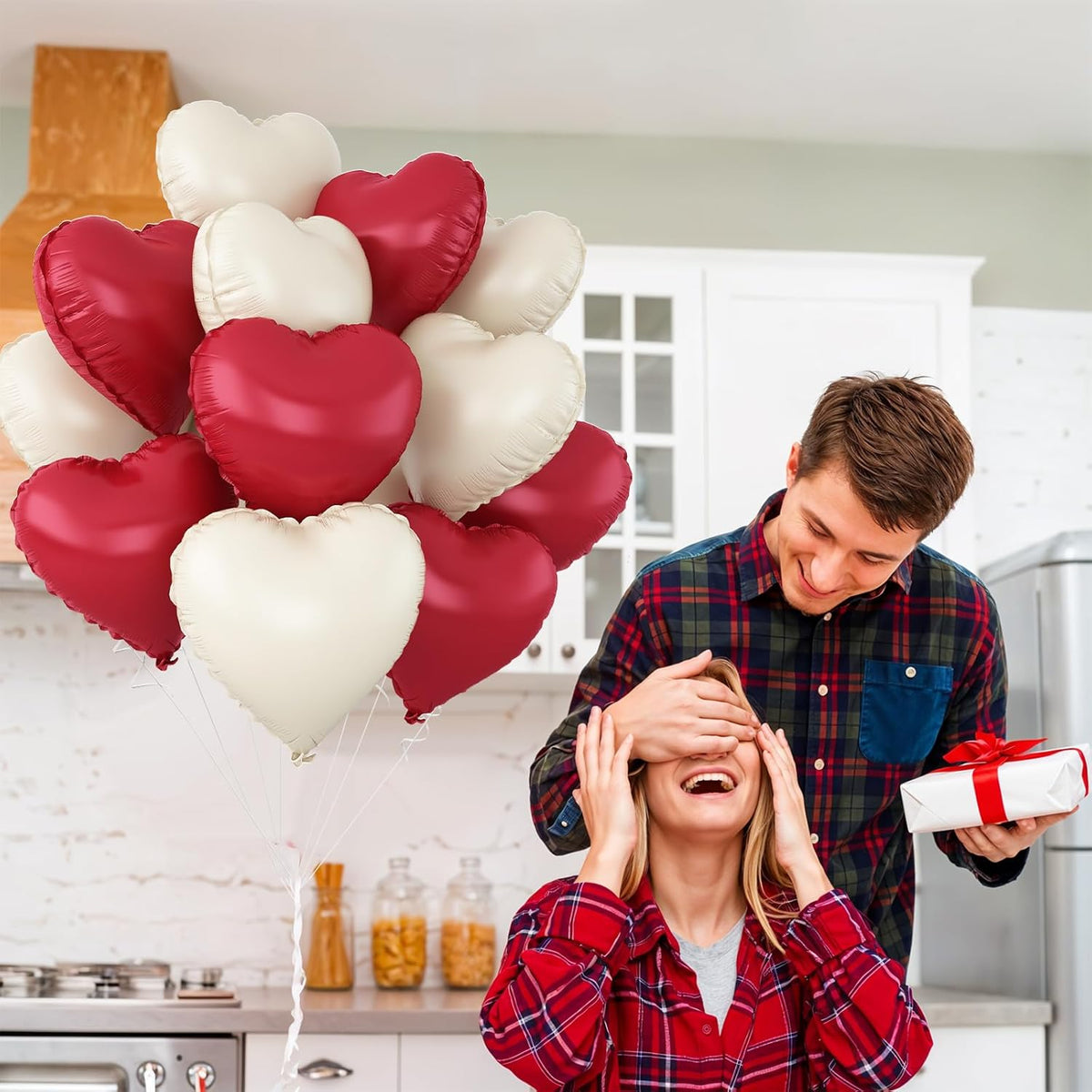 Red White Heart Balloons,12Pcs 18Inch Cream White Metallic Red Heart Shaped Foil Helium Balloons