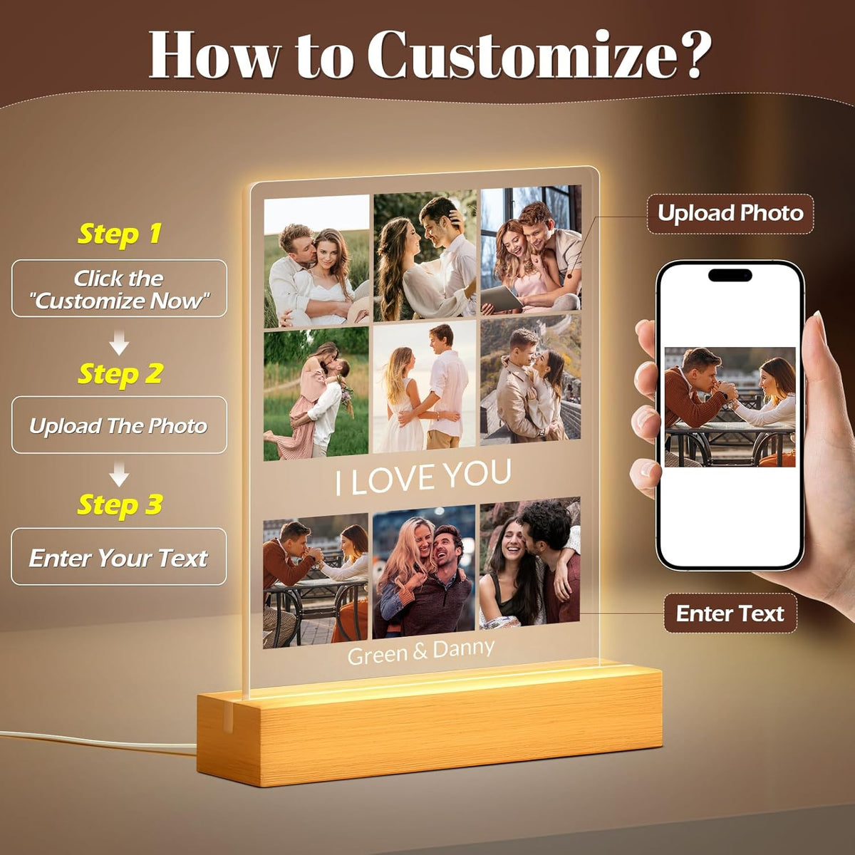 Custom Picture Frames with Photo, Personalized Photo Frame with Night Light, Customized Picture
