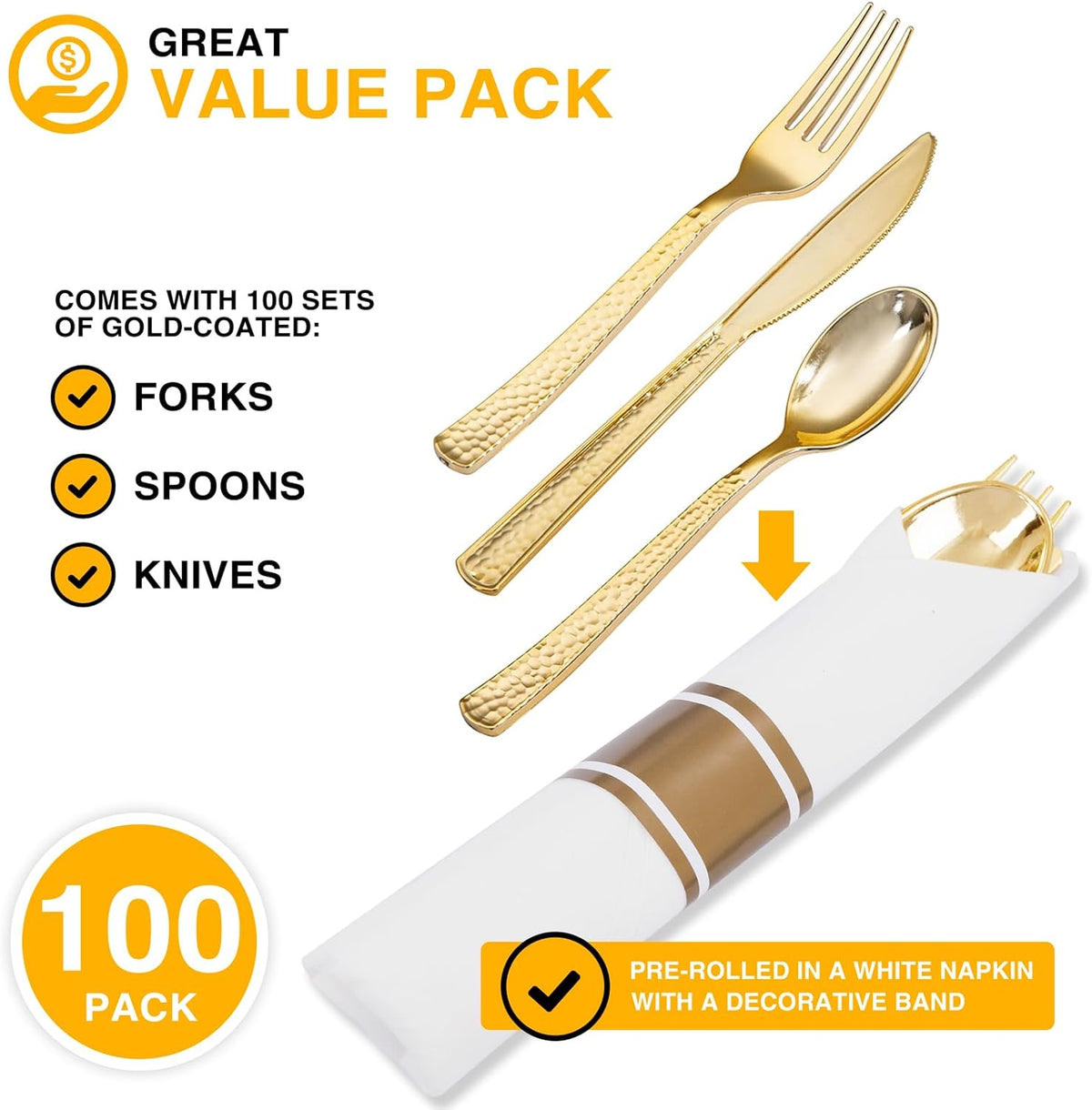 400PCS Pre Rolled Gold Plastic Silverware Sets - Heavy Duty Hammered Gold Cutlery Include 100 Pack