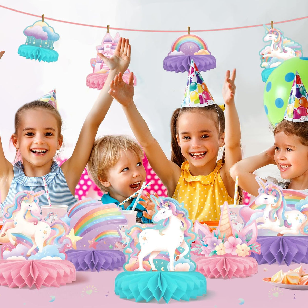Unicorn Birthday Party Supplies Set - Rainbow Table Decorations with Honeycomb Centerpiece for