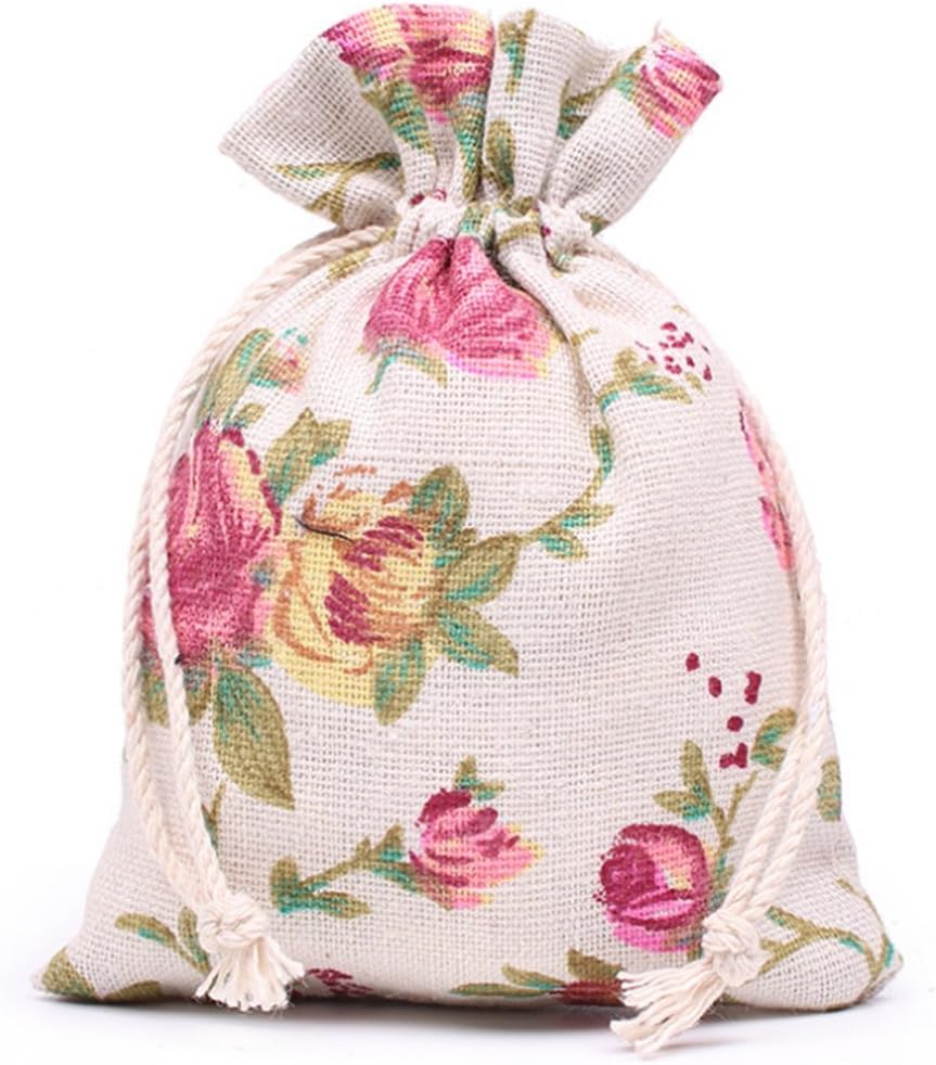 KUPOO 50PCS Rose Drawstring Bags Burlap Flower Pouch Bags Gift Bags Jewelry Pouches for DIY Craft