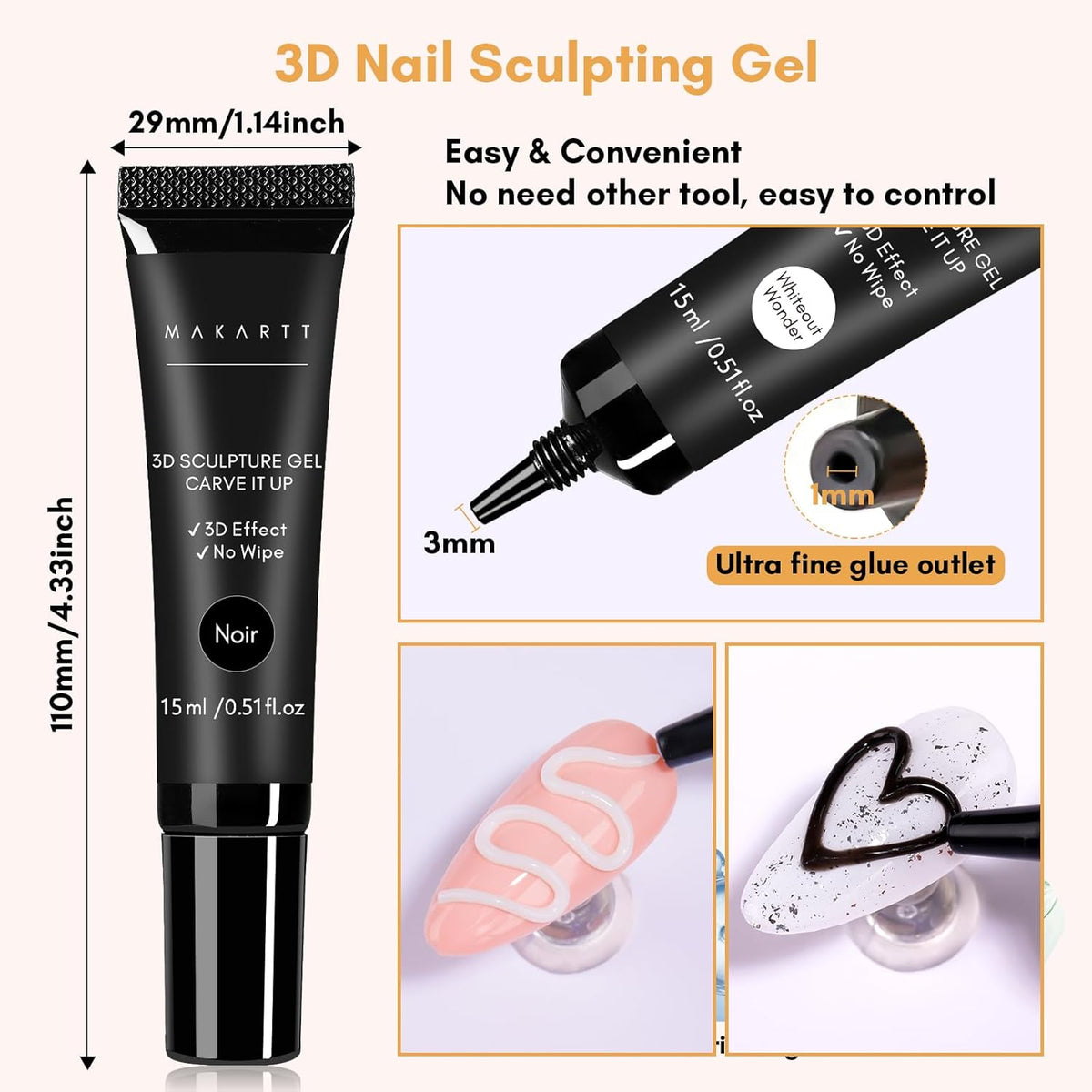 Makartt 3D Gel Nail Art: White and Black Sculpting Candy Molding Gel No Wipe Craving Embossed Gel