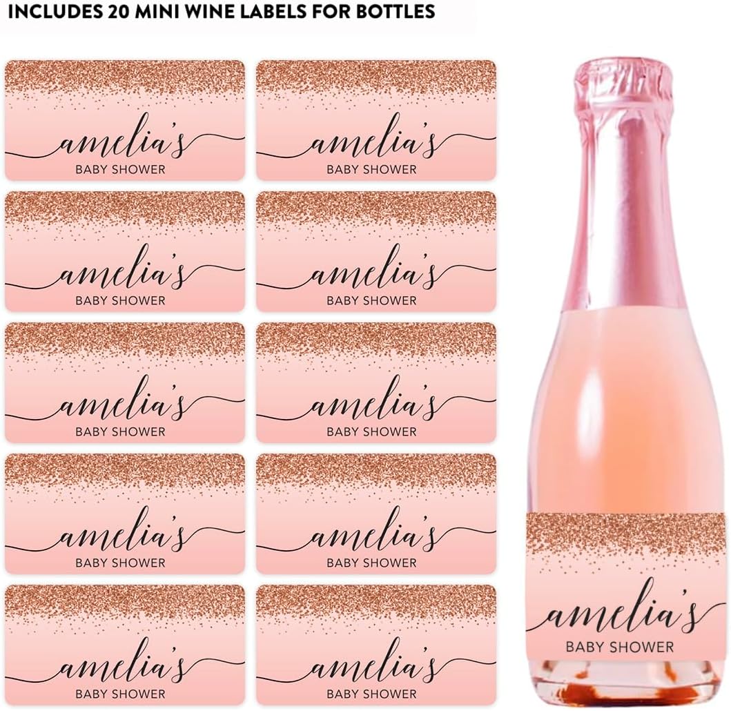 Andaz Press Personalized Mini Champagne Wine Bottle Labels, Amelia's Baby Shower, Blush Pink Faux