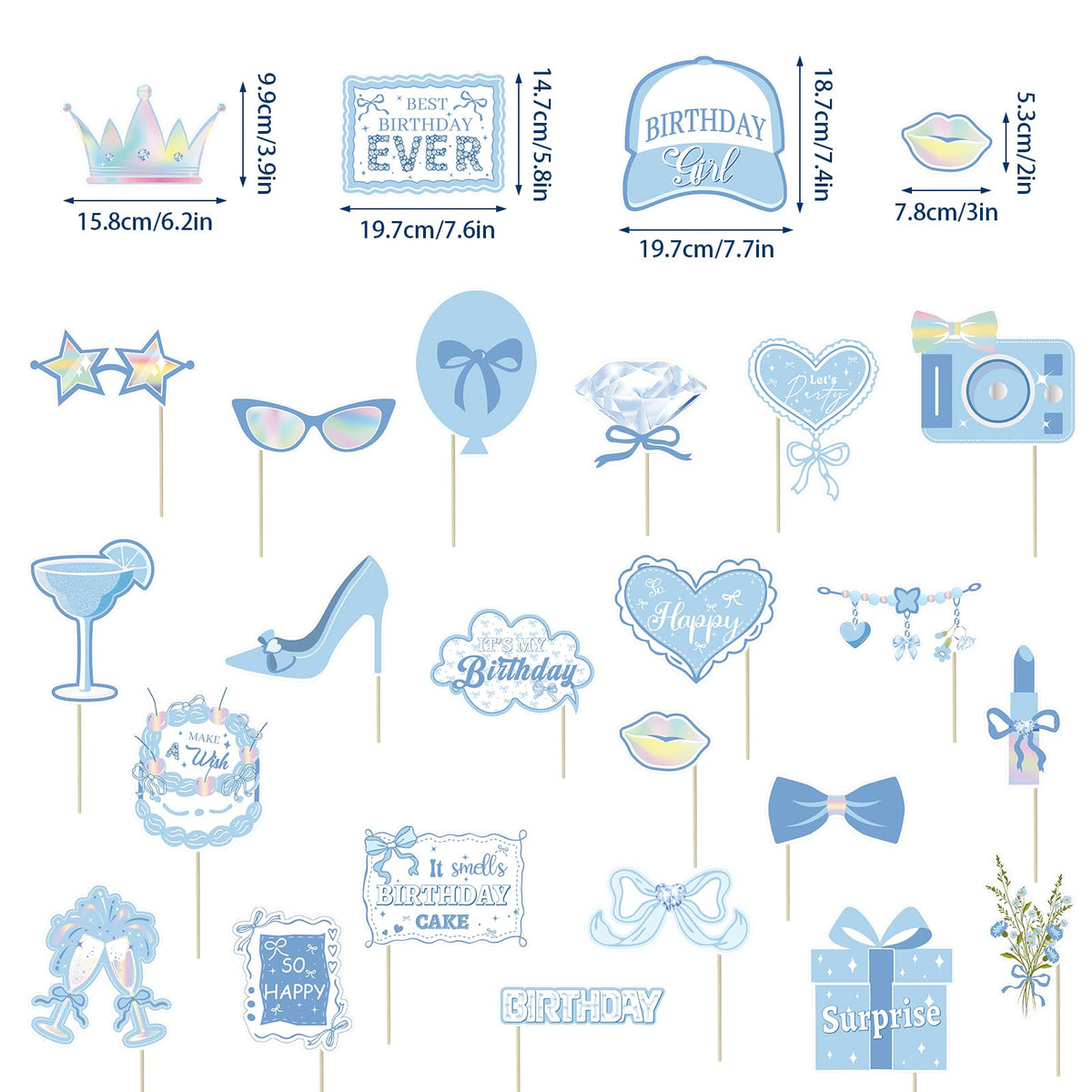 Blue Bow Party Decorations Photo Booth Props Signs,25pcs Bow Bluey Birthday Decorations Selfie