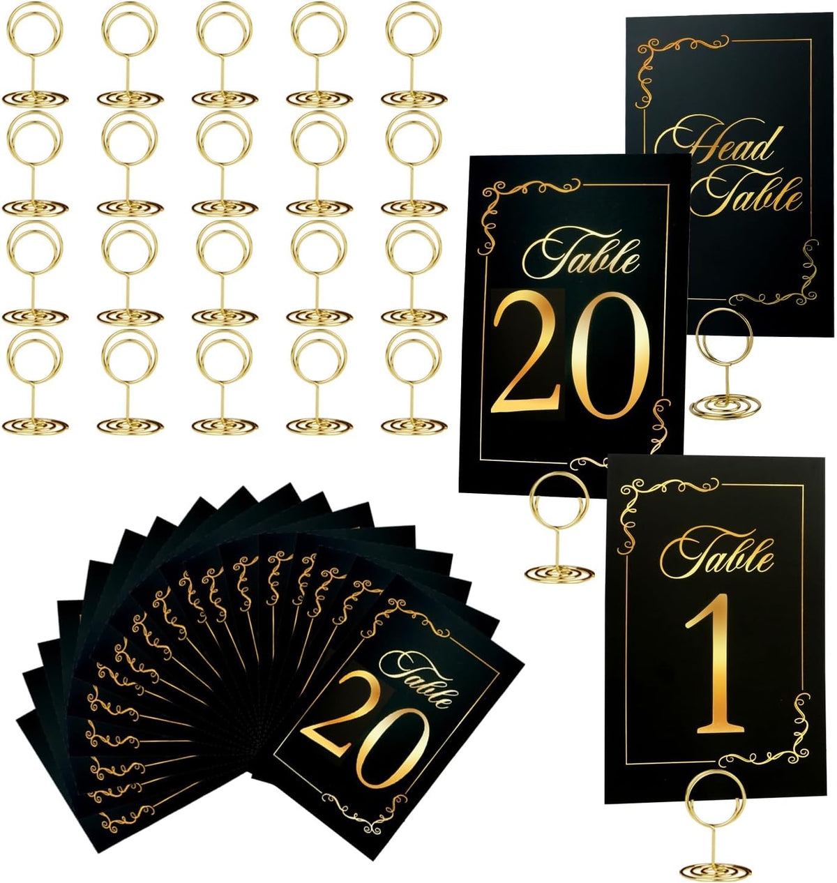 Black Gold Wedding Table Numbers 1-20 With 21 Gold Holders - Set of 21 Table Cards for Wedding