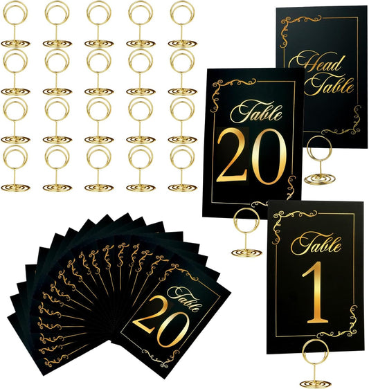 Black Gold Wedding Table Numbers 1-20 With 21 Gold Holders - Set of 21 Table Cards for Wedding