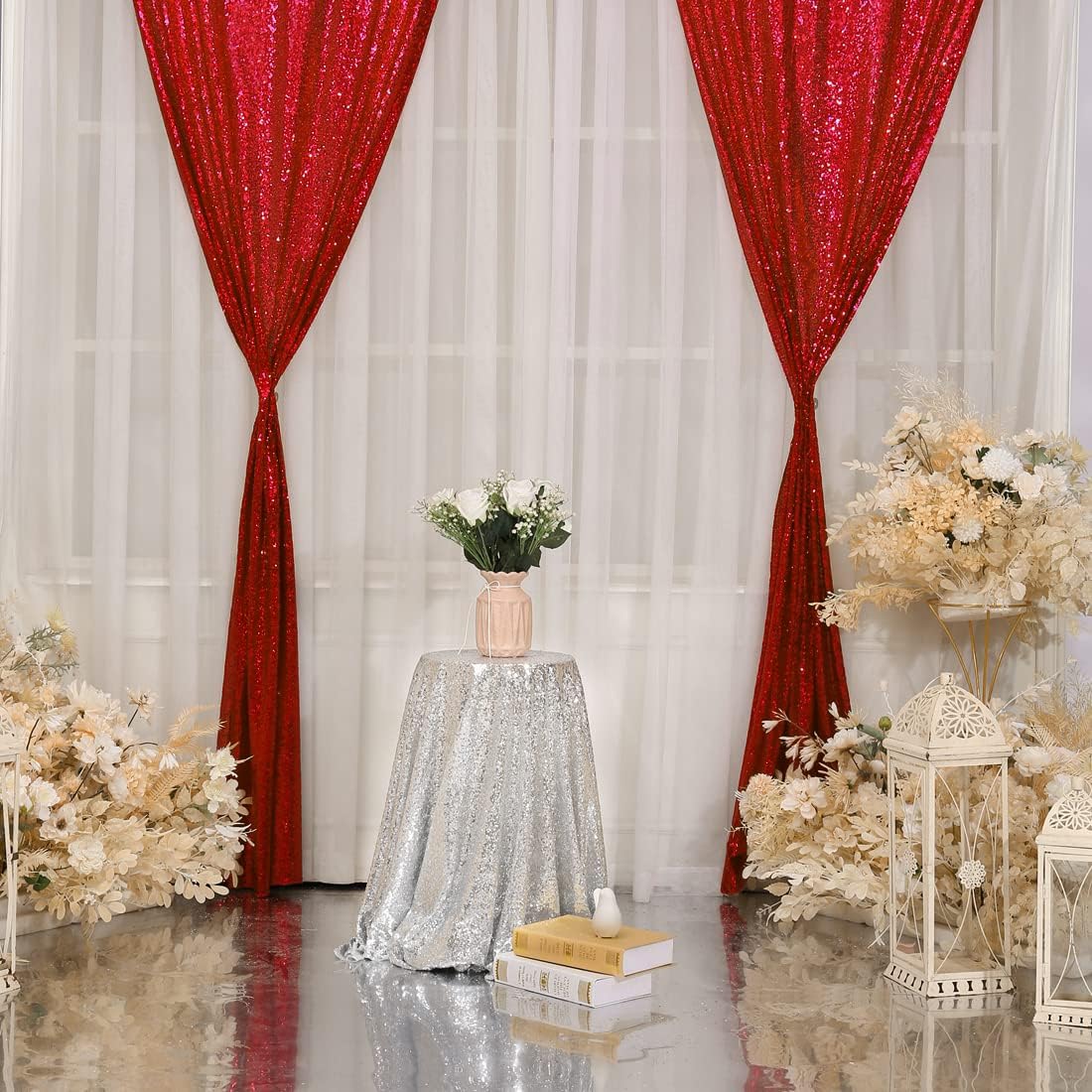 Red Sequin Backdrop Curtains,2ft x 8ft Sequin Photography Backdrop Curtain 2 Panels for Party