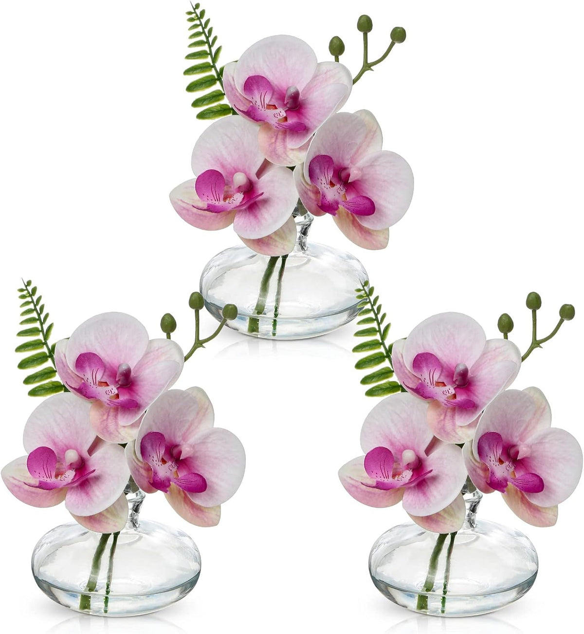 Pink Orchids Artificial Flowers Faux Orchids Arrangement in Clear Glass Vases Set of 3 Real Touch