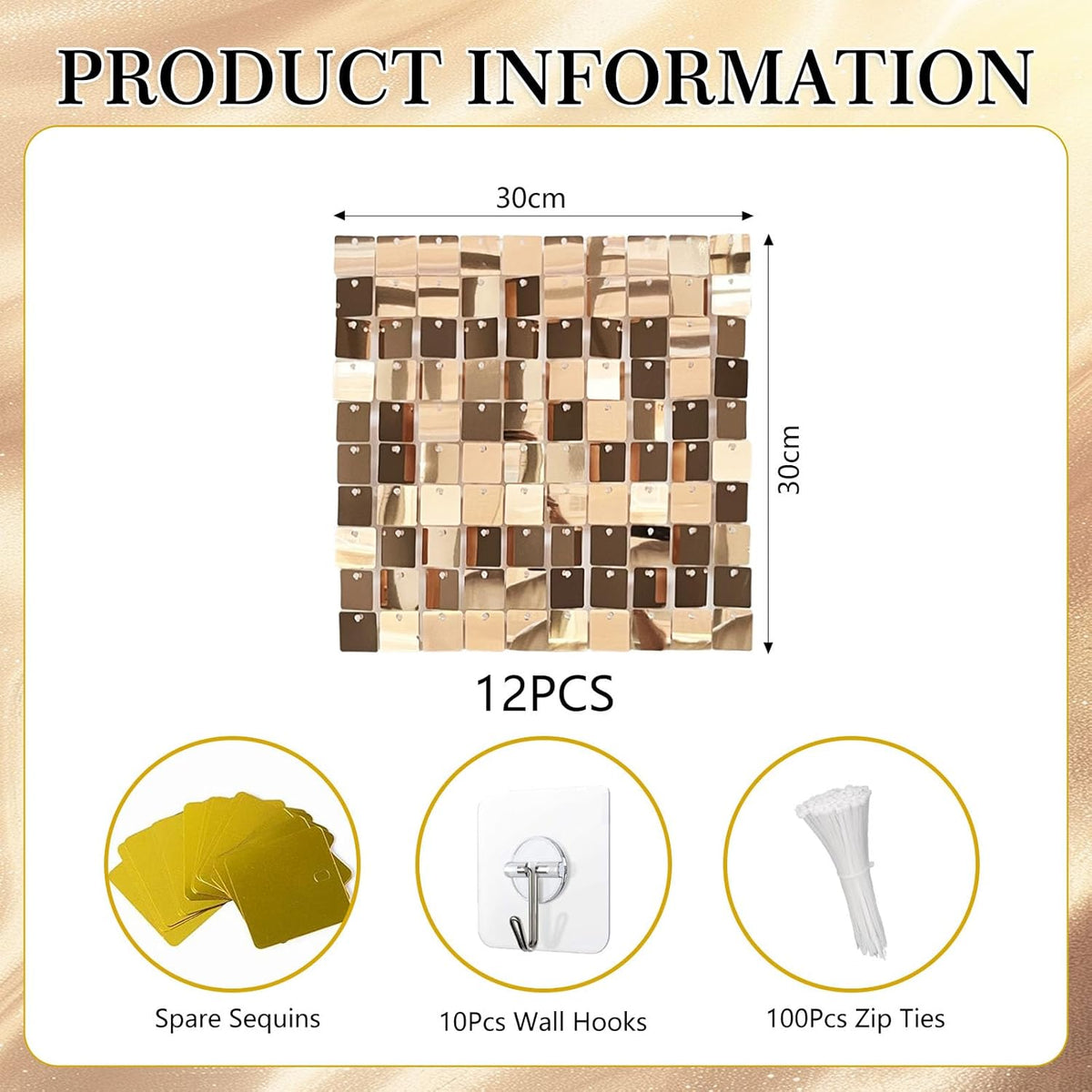 12PCS Champagne Shimmer Wall Backdrop, Square Sequin Photo Backdrops Panel, Glitter Wall Background