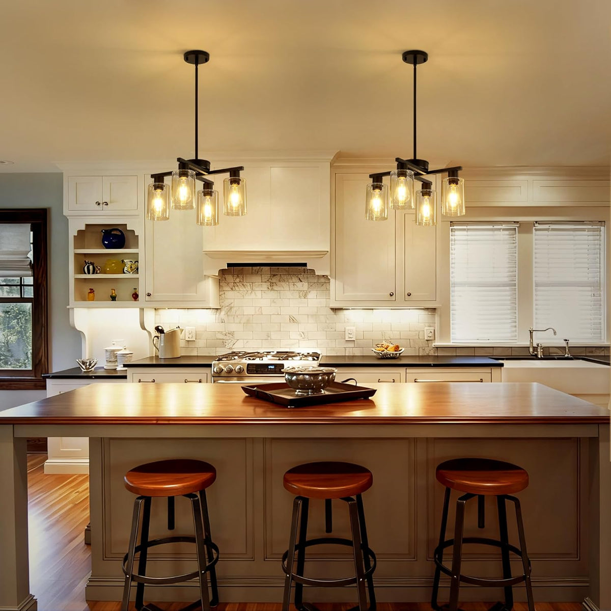4-Light Modern Farmhouse Black Chandelier, Dining Room Light Fixture Over Table Adjustable Height