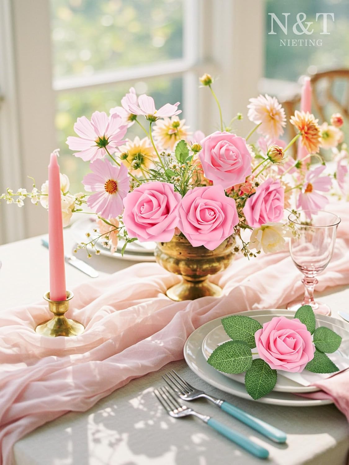 N&T NIETING Artificial Flowers Pink Roses, 50Pcs Fake Flowers Foam Roses with Stems for DIY Wedding