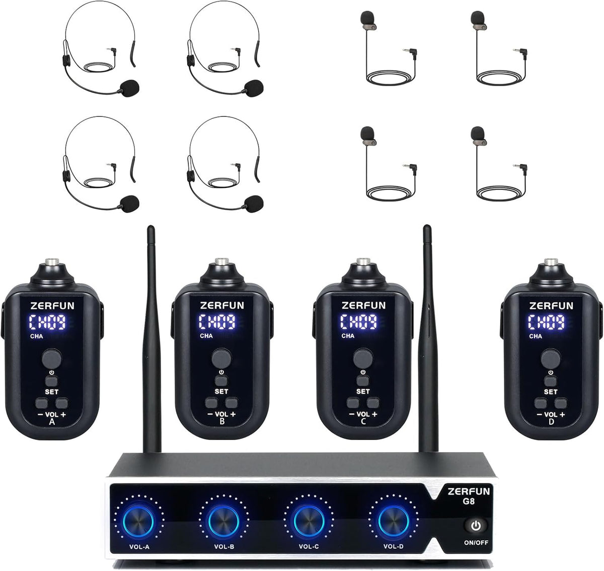 4 Channel Rechargeable Wireless Microphone System, Pro UHF Metal Headset Lavalier Lapel Cordless