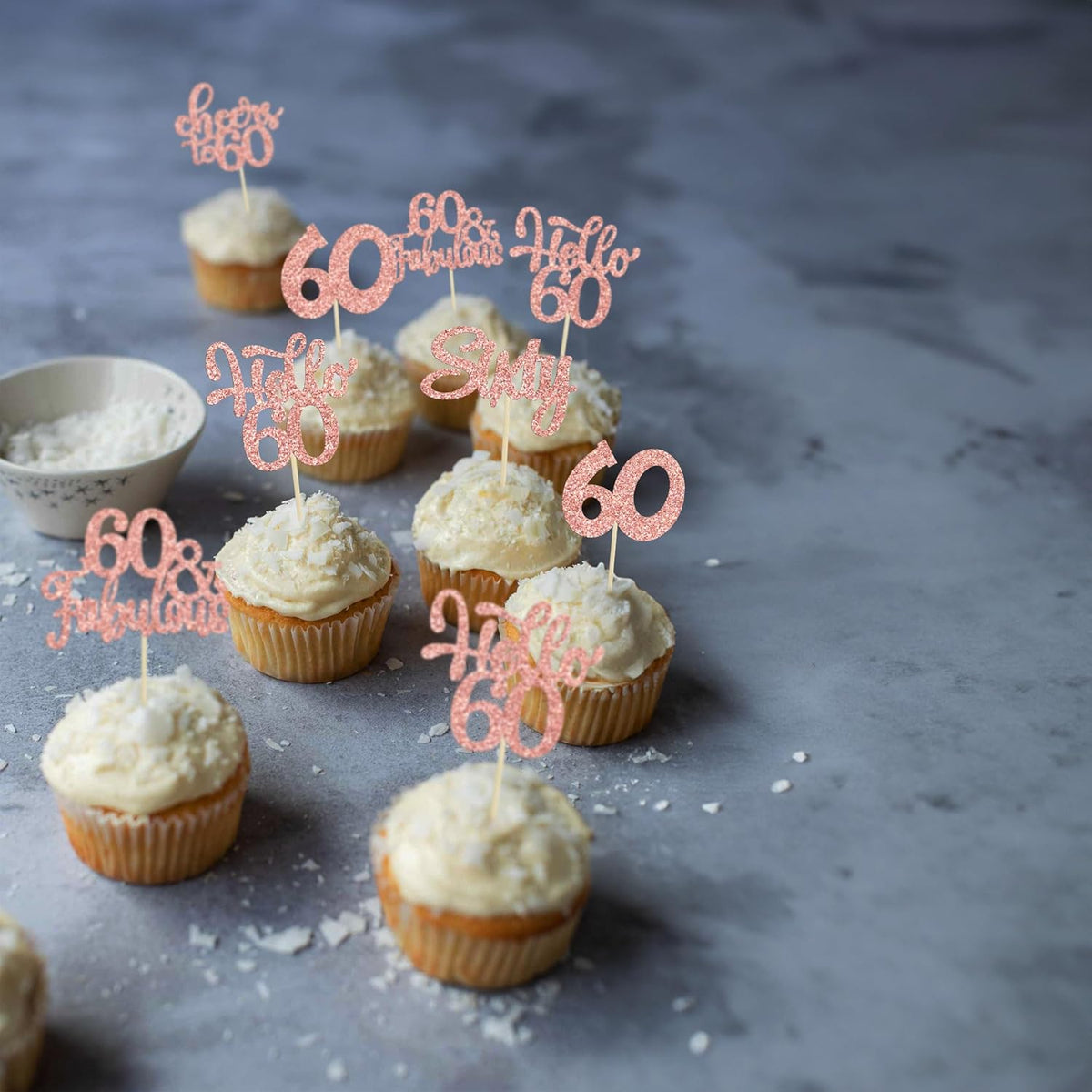 30Pcs Happy 60th Birthday Cupcake Toppers Rose Gold Glitter Sixty Cake Toppers Cheers to 60 Years