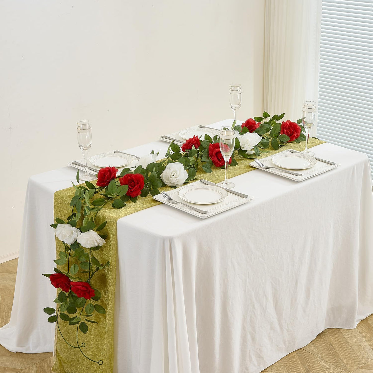 Artificial Rose Garlands Red Rose Vines Leaves Banners Hanging Floral Garland Fake Rose Flower Vine