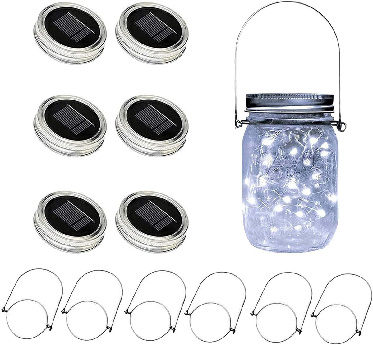 VOOKRY 6 Pack Solar Mason Jar Lights, 30 LED Mason Jar Lids Waterproof Firefly Fairy String Lights