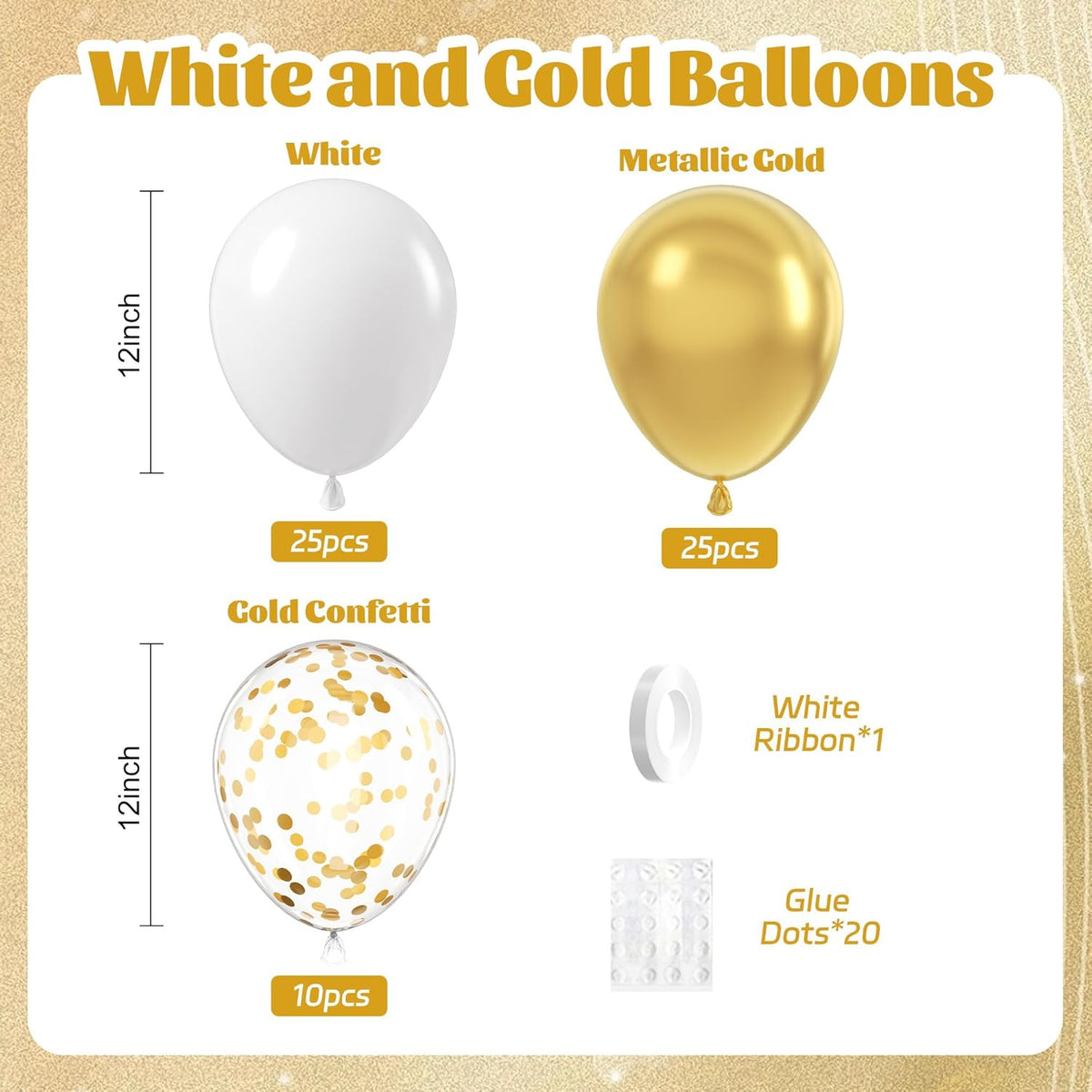 60pcs Gold and White Balloons 12inch, White and Gold Balloons with Metallic Gold Confetti Balloons