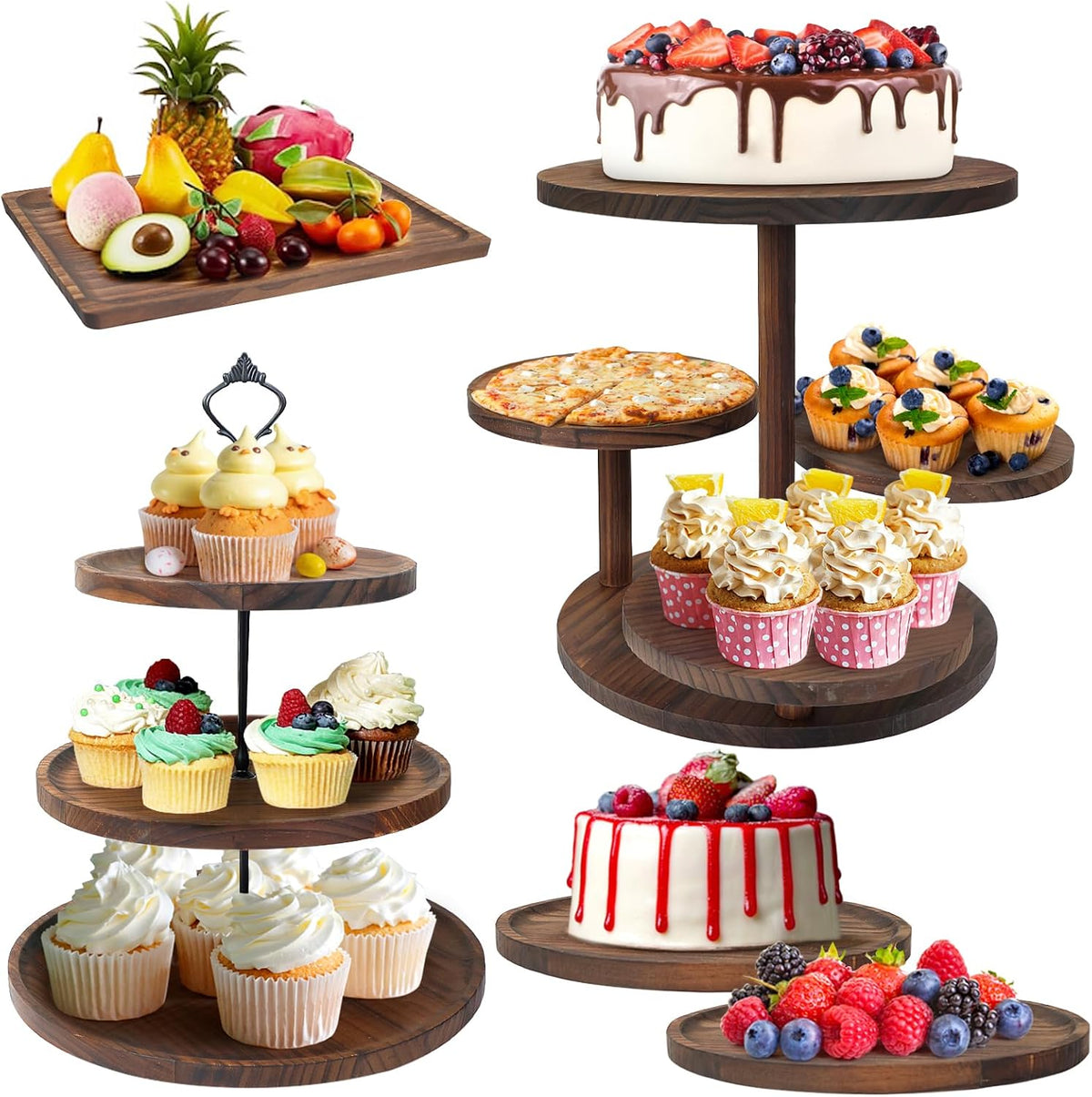 LARDUX Wooden Dessert Table Display Set - 4 Tier Cupcake Stand, 3 Tier Dessert Stand, 2Pcs Round