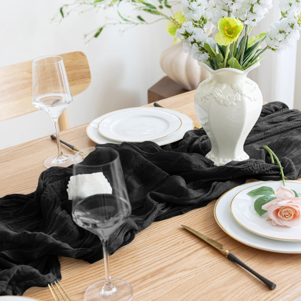 Asee'm 3pcs Cheesecloth Table Runner 120 Inches Long Black Boho Gauze Cheese Cloth Runner 10FT