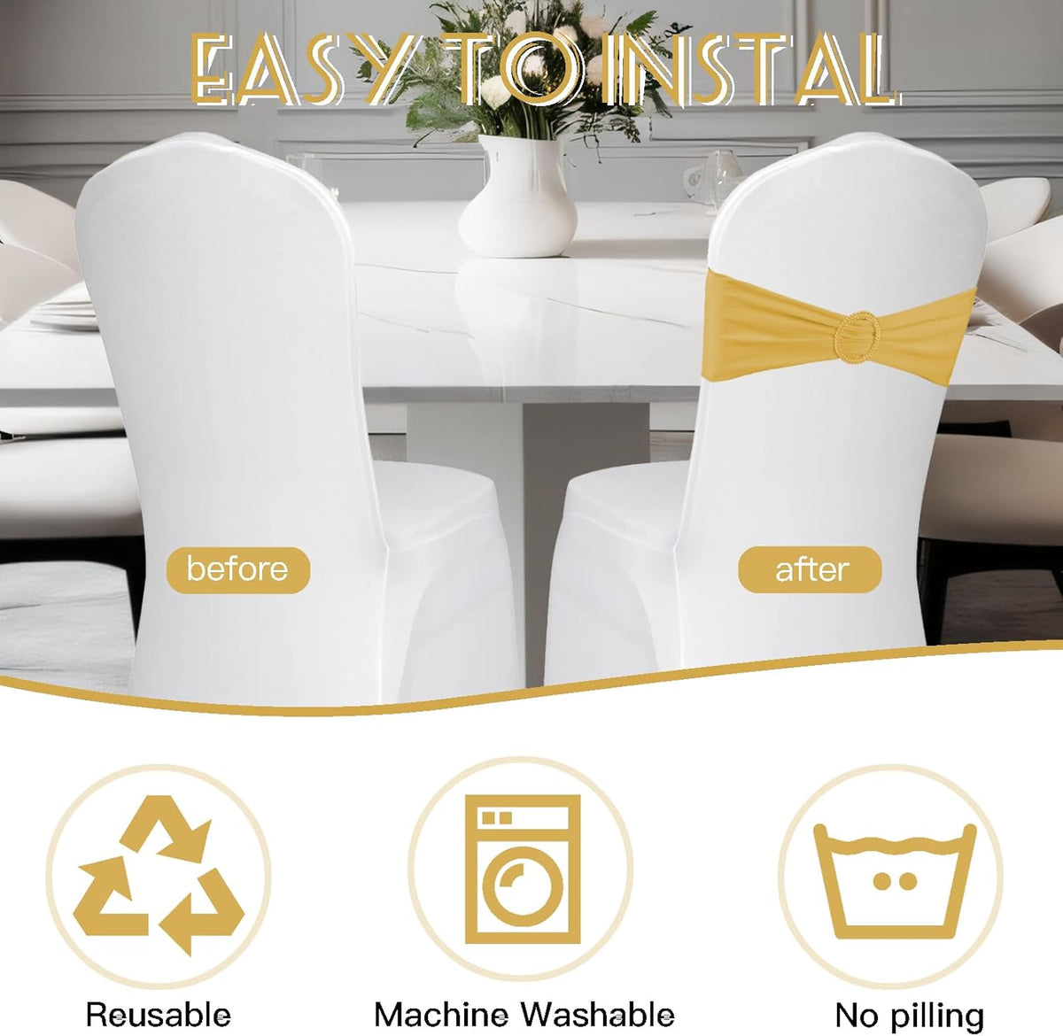 100PCS Spandex Stretch Gold Chair Sashes Bows Universal Elastic Chair Cover Bands Ties with Buckle
