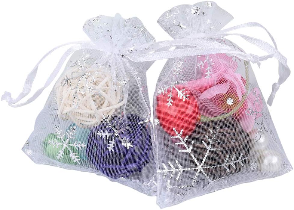 jijAcraft 3x4 Inch White Christmas Organza Bags - 100Pcs Small Snowflake Bag, Xmas Drawstring Mesh