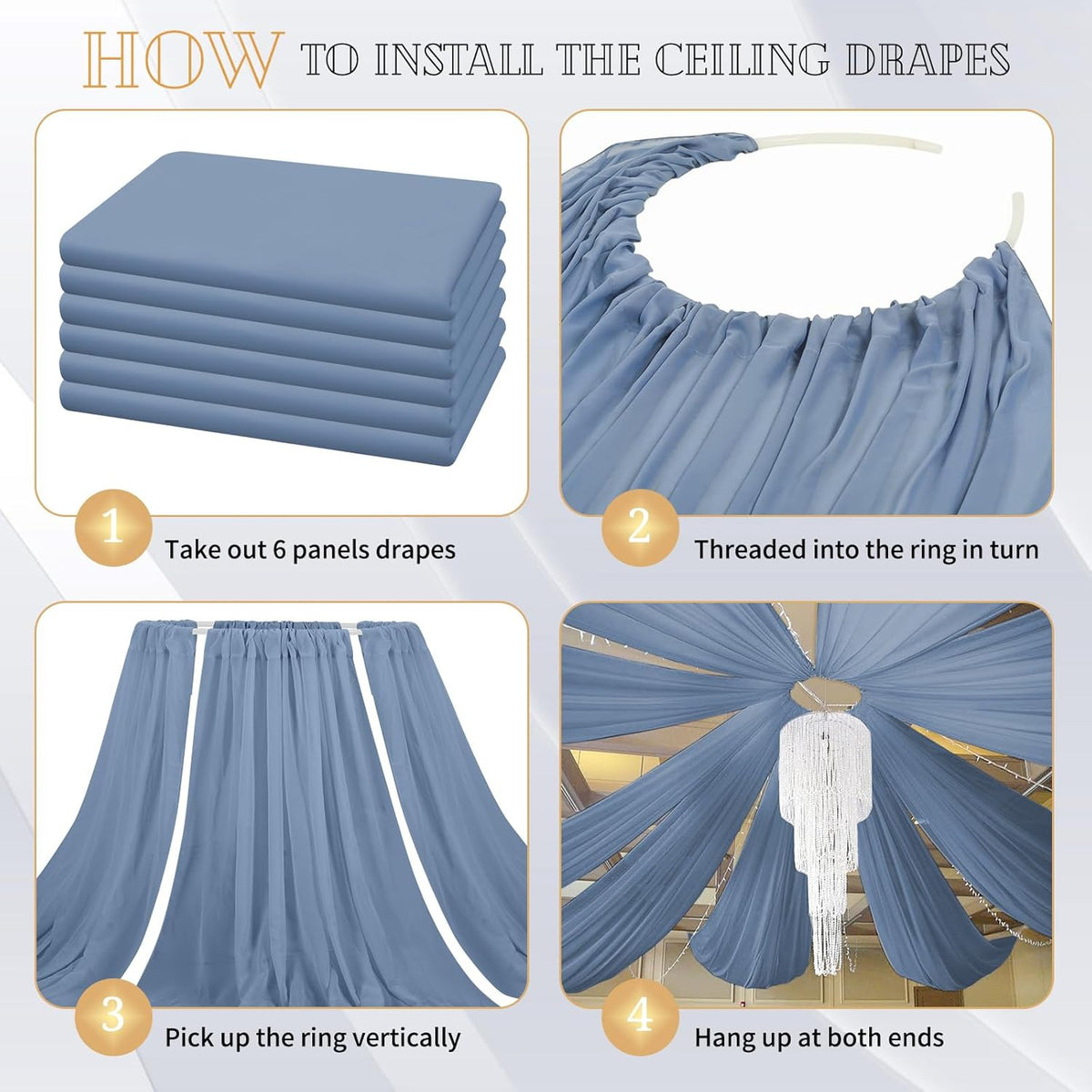 6 Panels Dusty Blue Ceiling Drapes for Wedding 5ftx10ft Chiffon Fabric Arch Draping Curtains Sheer