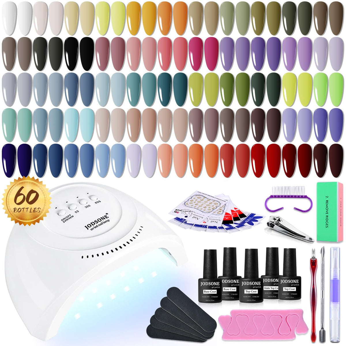 JODSONE 60 PCS Gel Nail Polish Kit with U V Light 55 Colors No Wipe Beautiful Colors Nail Gel