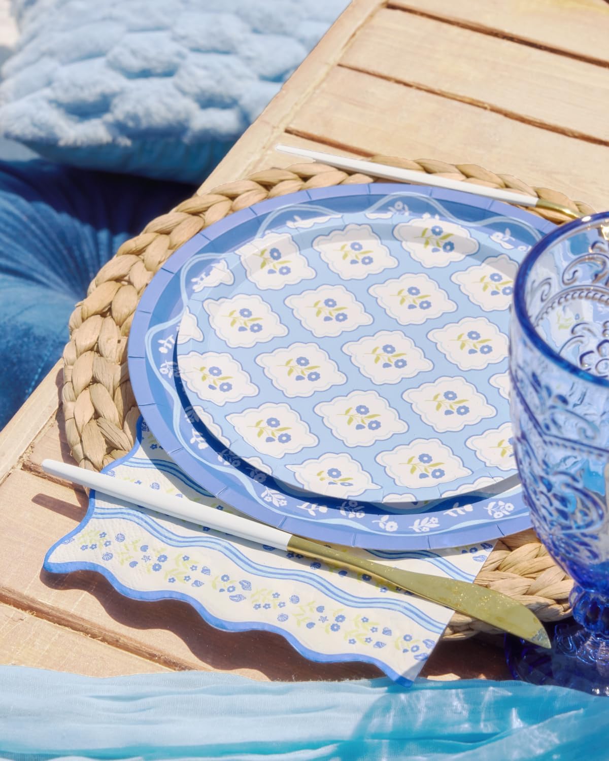 xo, Fetti Blue Coastal Paper Plates | 32 pcs, 2 sizes | Nautical Bachelorette Decorations, Seaside