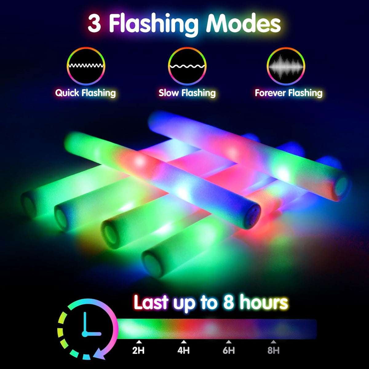 124 PCS Glow Sticks, Foam Glow Sticks, Foam Light up Sticks with 3 Modes Colorful Flashing, Glow In