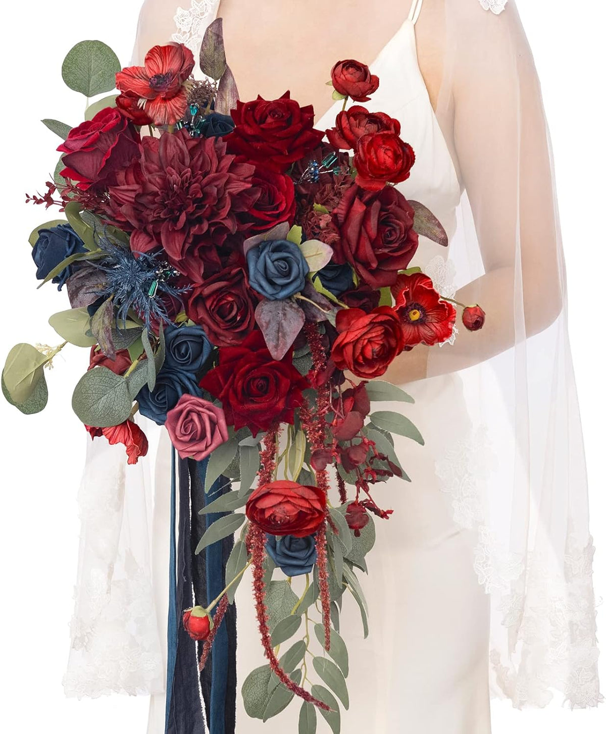 Ling's moment Navy Blue Burgandy Bridal Bouquet Cascading, Jewel Tone Wedding Bouquets for Bride