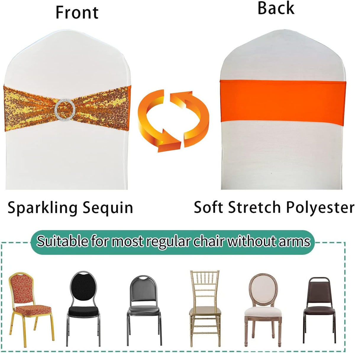 100 Pcs Chair Sashes Sequin Stretch Chair Bands Spandex Polyester Bows for Party Hotel Wedding