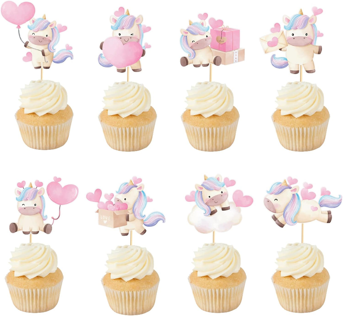 24pcs Unicorn Cupcake Toppers with Heart Unicorn Party Decoration Suitable for Baby Shower