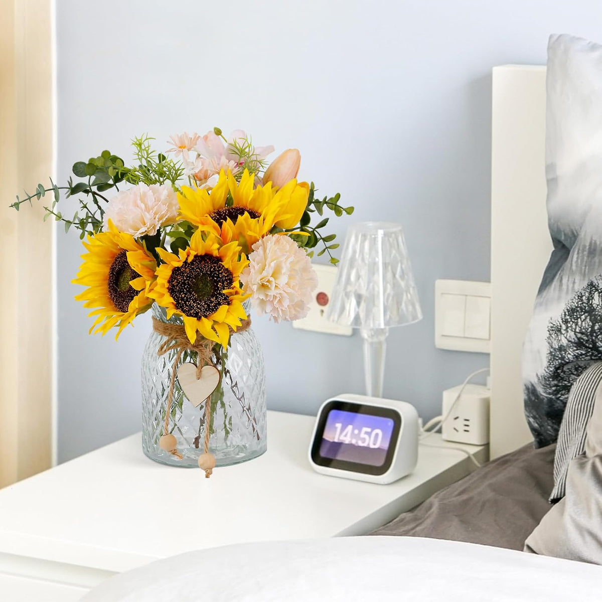 Fake Flowers in Vase,Artificial Sunflower Bouquets in Vase with a Flower Arrangement Holder,Table