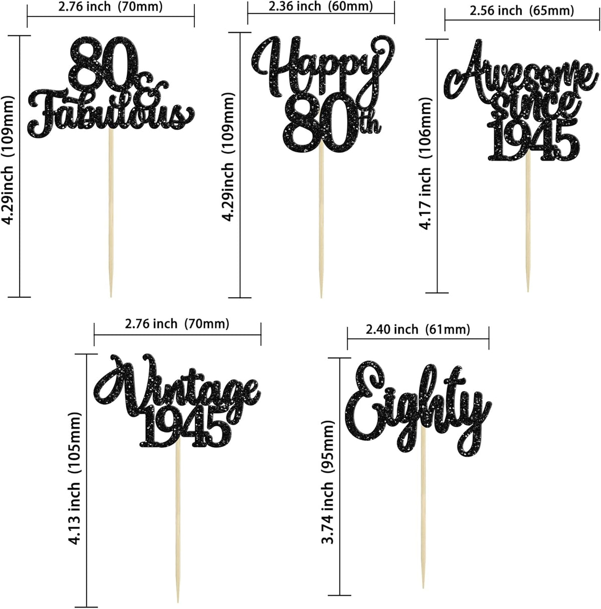 30Pcs Happy 80th Birthday Cupcake Toppers Glitter Awesome Since 1945 Eighty 80 Fabulous Vintage