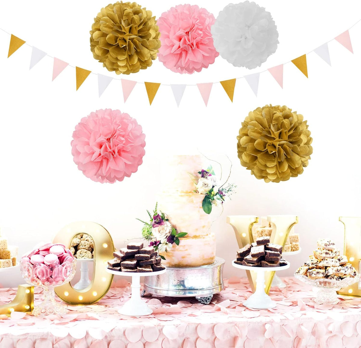 Pink-White Gold Girl Birthday Party-Decorations - 23pcs Kits Tissue Paper Pom Poms