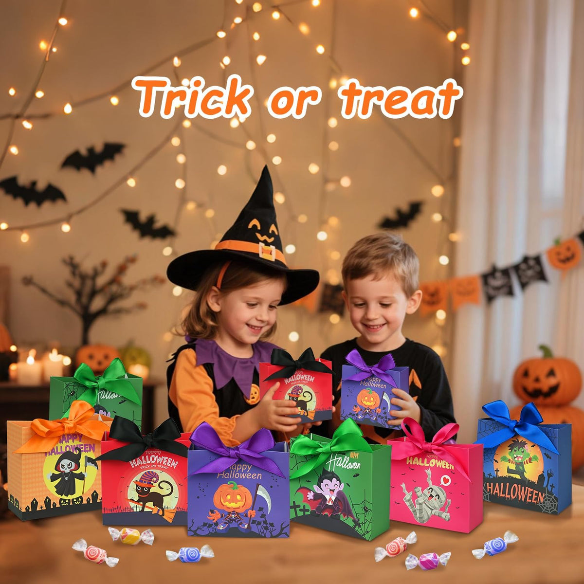 24PCS Halloween Goodies Bags, Trick or Treat Candy Gift Paper Bags Bulk with Ribbons, Halloween