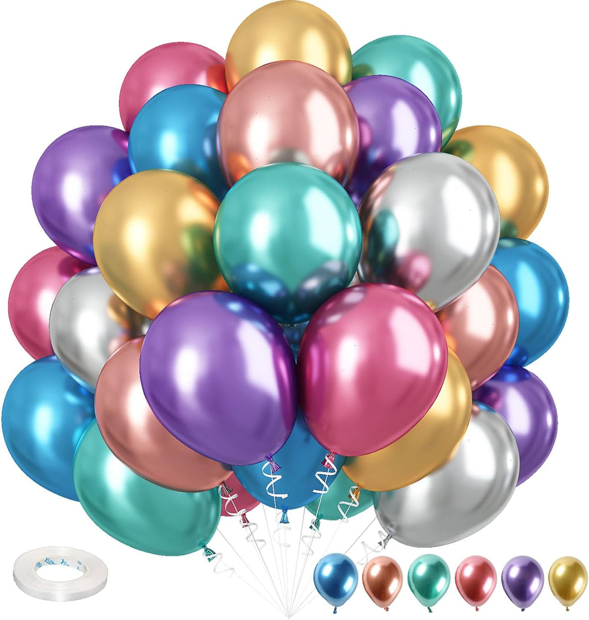 Metallic Balloons, 12 Inch Rainbow Chrome Balloons, 35Pcs Assorted Colors Multicolor Metallic
