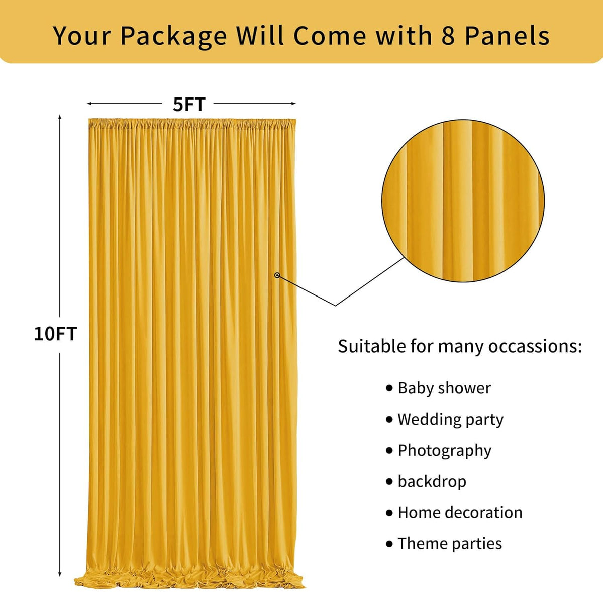 40 ft x 10 ft Wrinkle Free Yellow Backdrop Curtain for Parties, Ginger Polyester Photo Backdrop