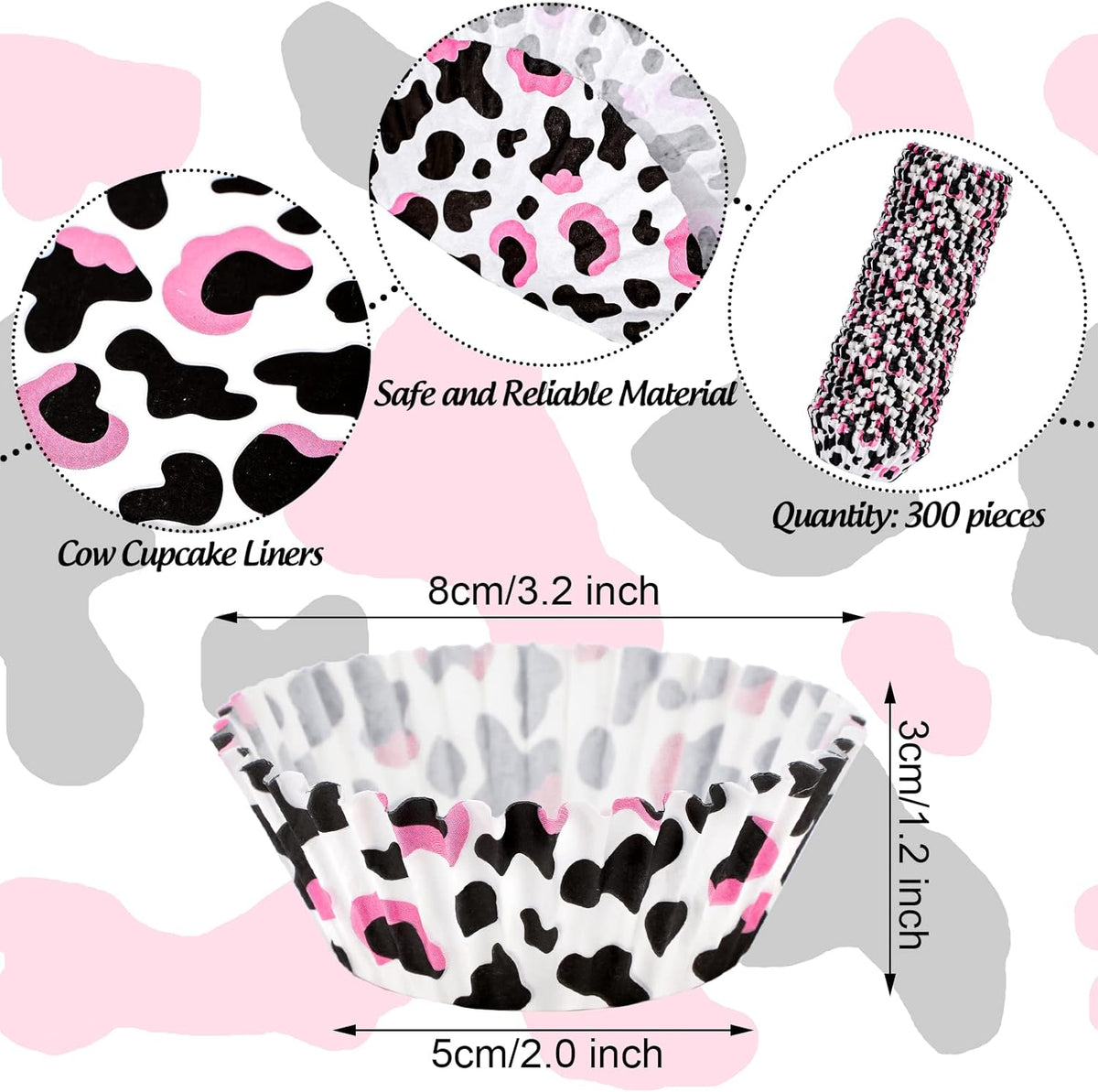 Waline 300 Pcs Cow Print Cupcake Liners - 2x1.2 Inch Cow Animal Baking Cups Holders for Baby