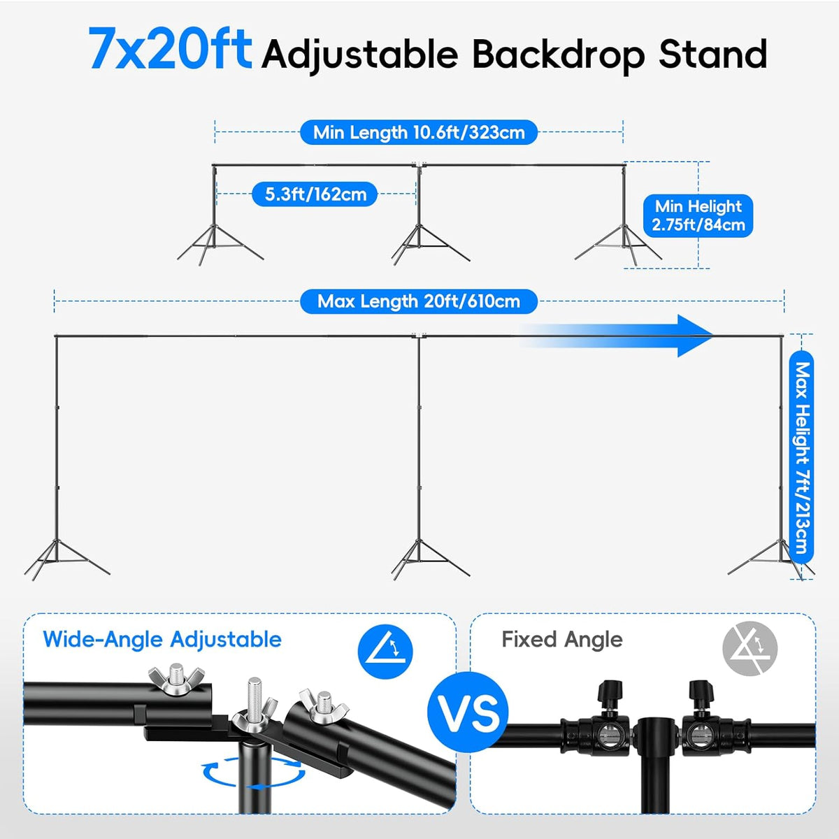 Photo Video Studio Large 20x7ft Adjustable Backdrop Stand, Photography Background Support System