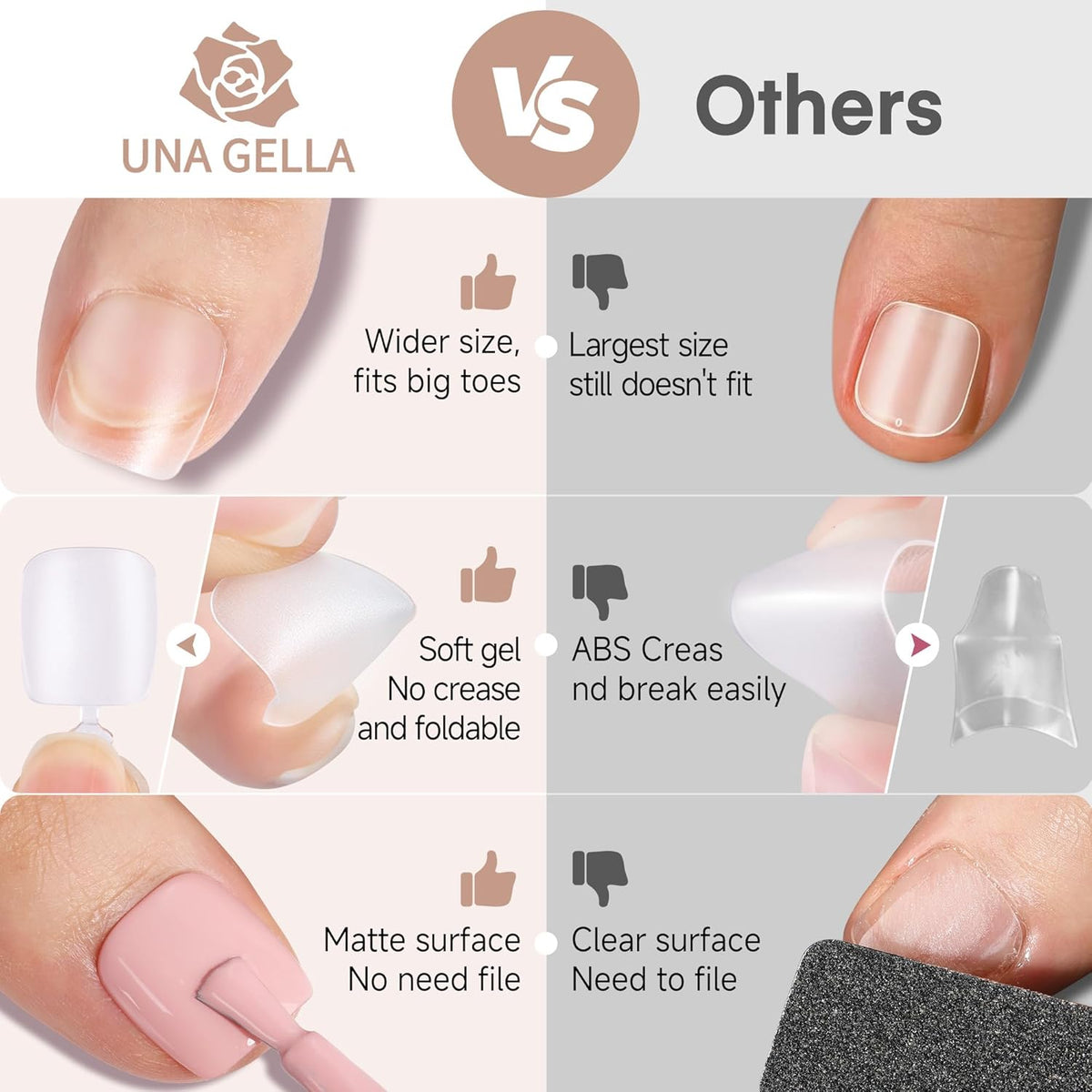 UNA GELLA Toe Nail Tips Full Cover, 216 Pcs Square Round Toe Nail Press Ons Clear Pre-Shape Gel Toe