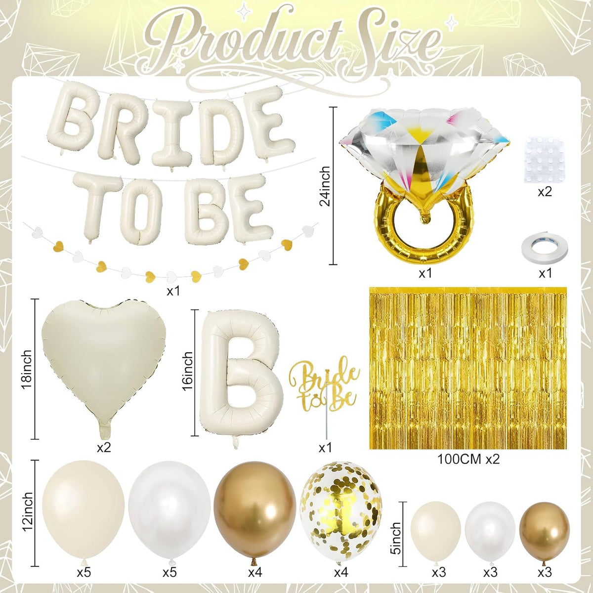 Cream Gold Bachelorette Party Decorations, Bride To Be Mylar Foil Letter Balloons with White Gold