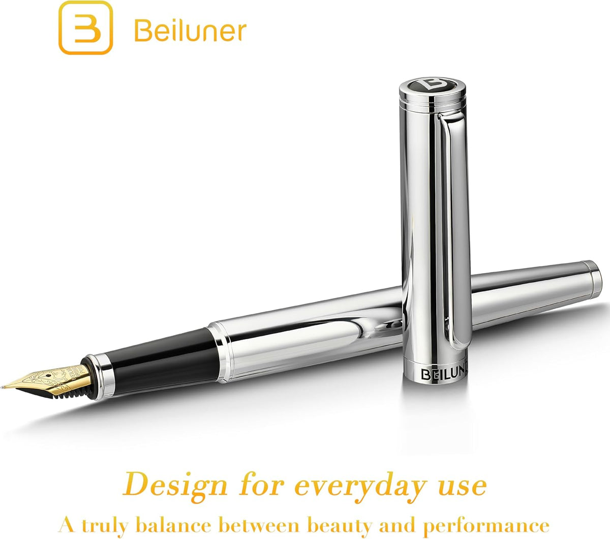 BEILUNER Silver Fountain Pen,Stunning Luxury Pens with Bright Silver Chrome, Gorgeous 24K Gilded