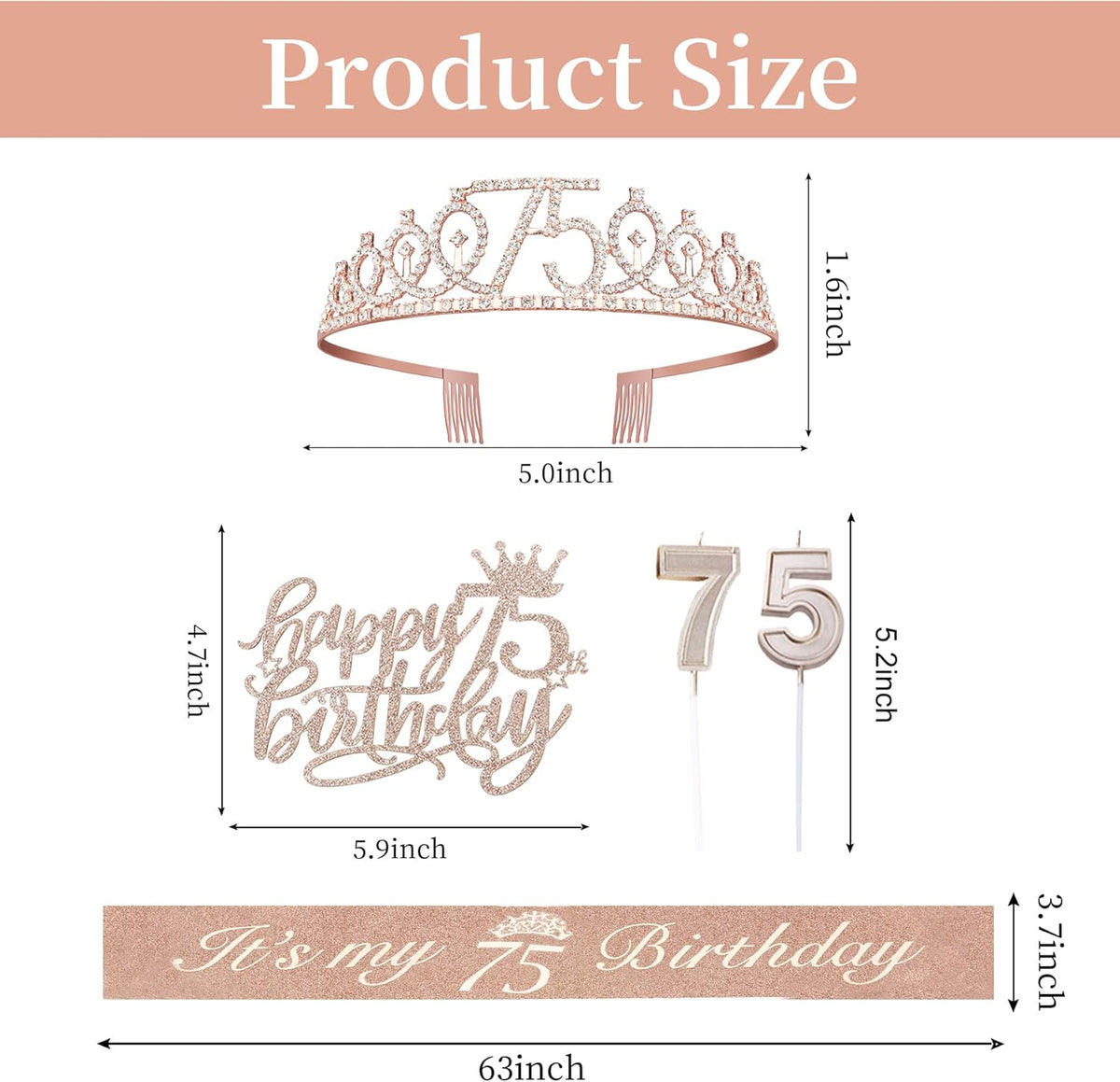 75th Birthday Decorations for Women Including Sash, Crown/Tiara, Candles and Cake Topper, Rose Gold