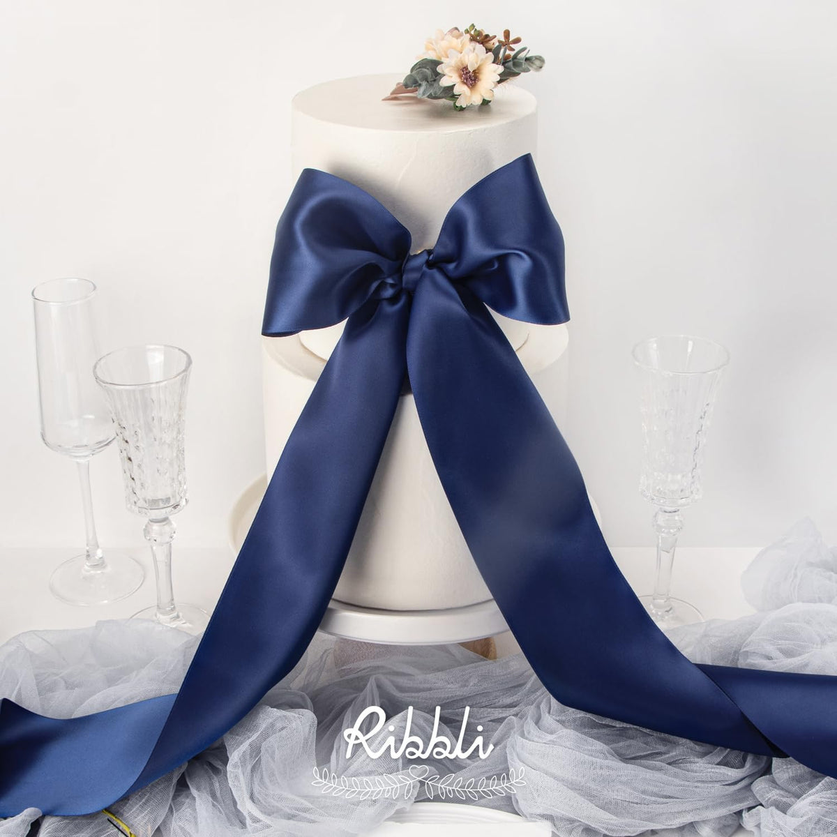 Ribbli Navy Satin Ribbon 4 Inch Wide Navy Ribbon for Wedding Chair Sash Grand Opening Ceremony Big