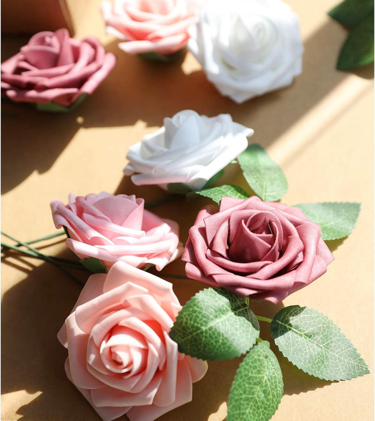 AmyHomie Artificial Flower Shades of Rose 25pcs Real Looking Fake Roses w/Stem for DIY Wedding