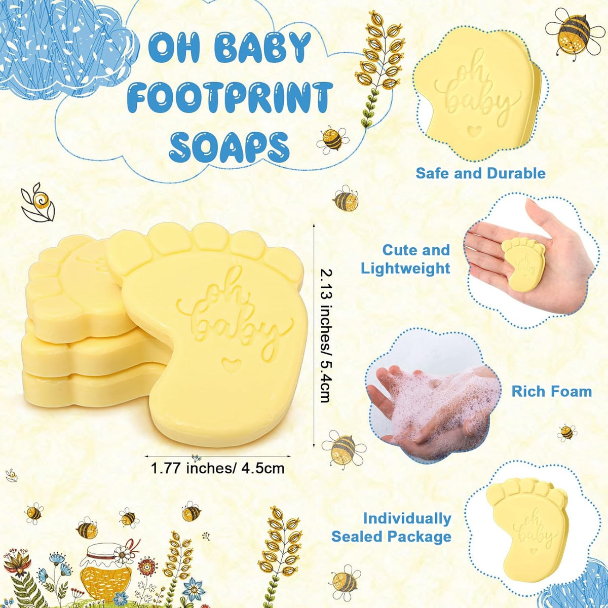 50 Sets Baby Shower Soap Favors for Guests - Mini Handmade Footprint Scented Soap with Thank You